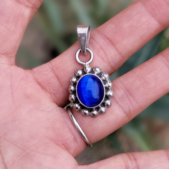Southwestern 925 sterling silver vintage blue cat's eye necklace pendant - Picture 12 of 16
